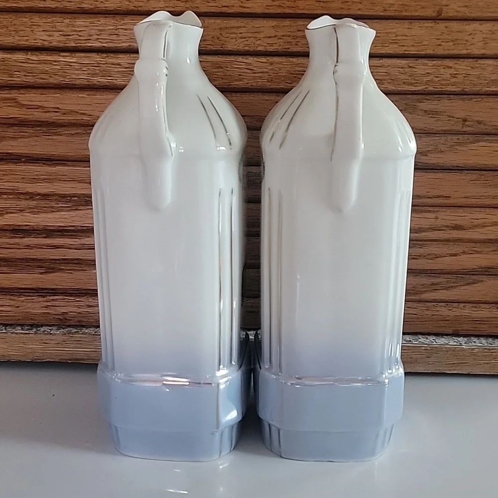 Vintage White and Cream Oil and Vinegar Dispenser Set Czechoslovakia Blue Luster